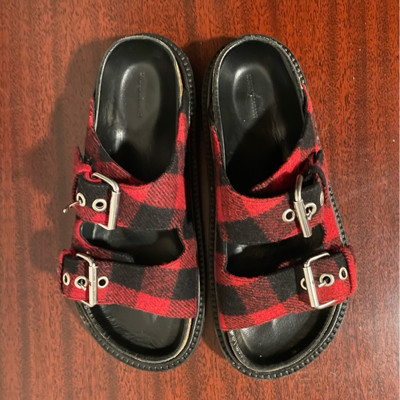 Isabel Marant Ledkin Plaid Red Wool Leather Slides - Picture 3 of 7